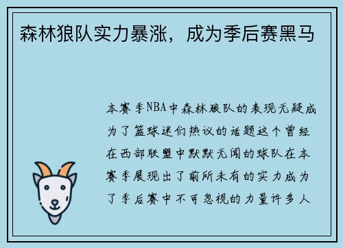森林狼队实力暴涨，成为季后赛黑马